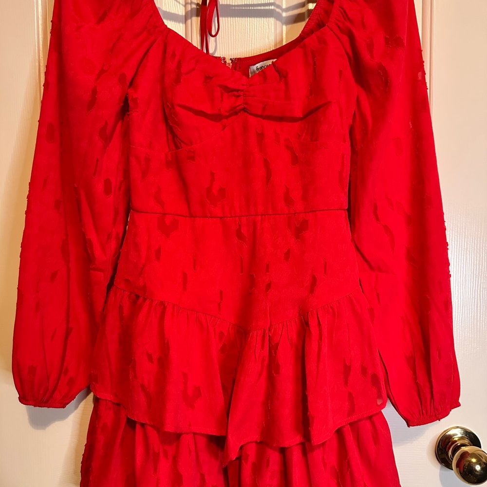 Francesca's Collections Red Tiered Ruffle Dress with Puff Sleeves